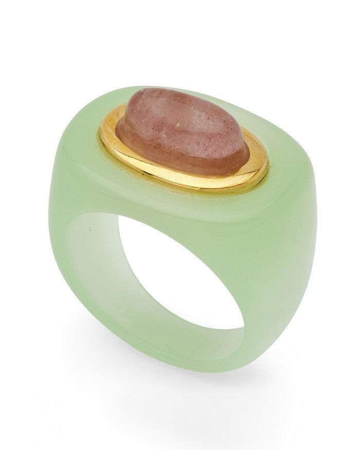 Oval Resin Ring In Aqua/Strawberry Crystal - Aqua