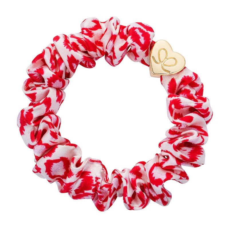 Gold Heart Silk Scrunchie - Red Leopard