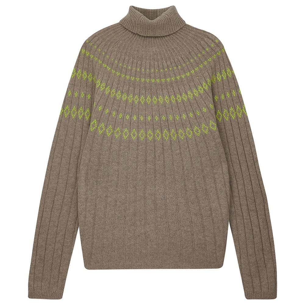 Rib Ski Roll Collar Jumper - Org Light Brown/Neon Yellow