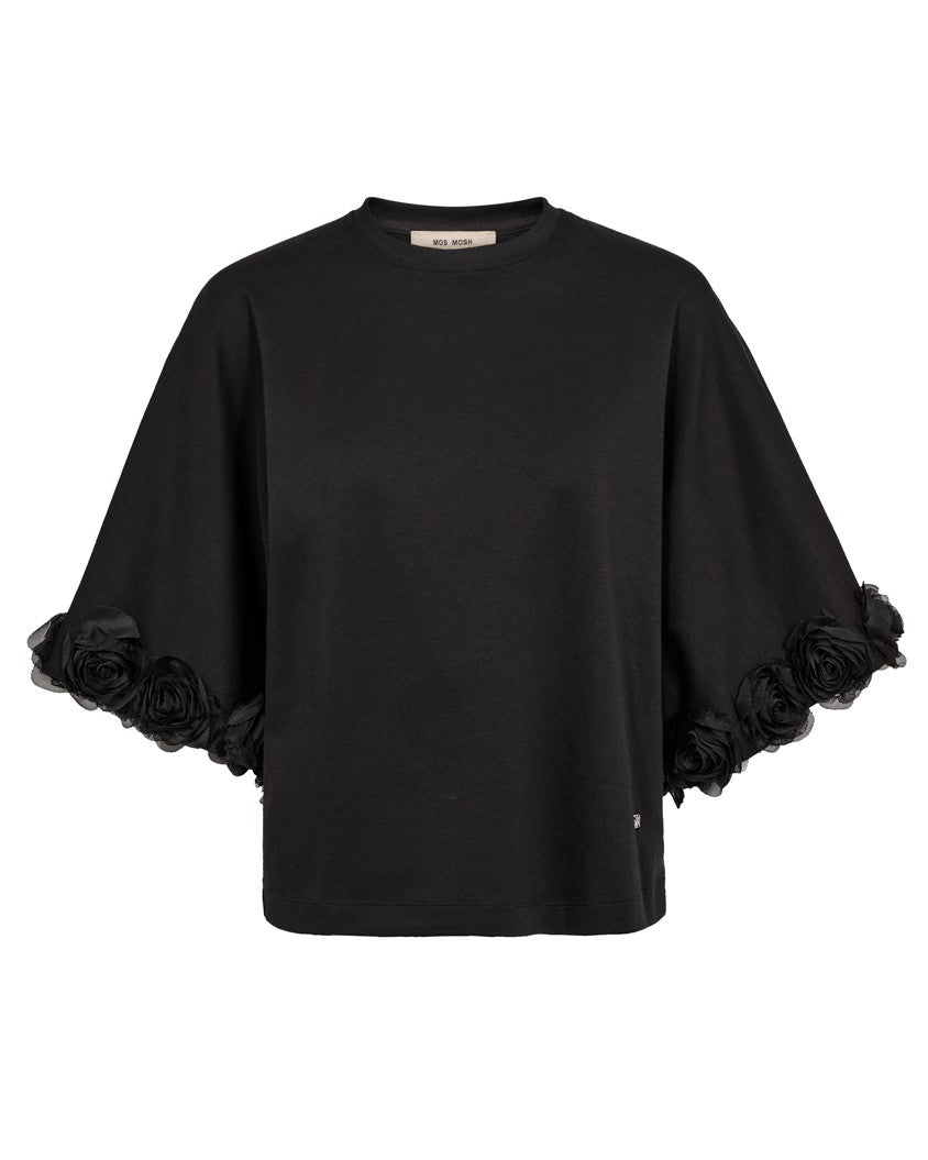 Rosette O-Neck Short Sleeve Tee - Black
