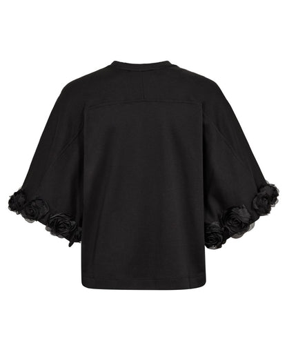Rosette O-Neck Short Sleeve Tee - Black