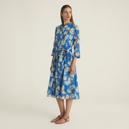 Printed Voile Belted Dress - Bright Blue