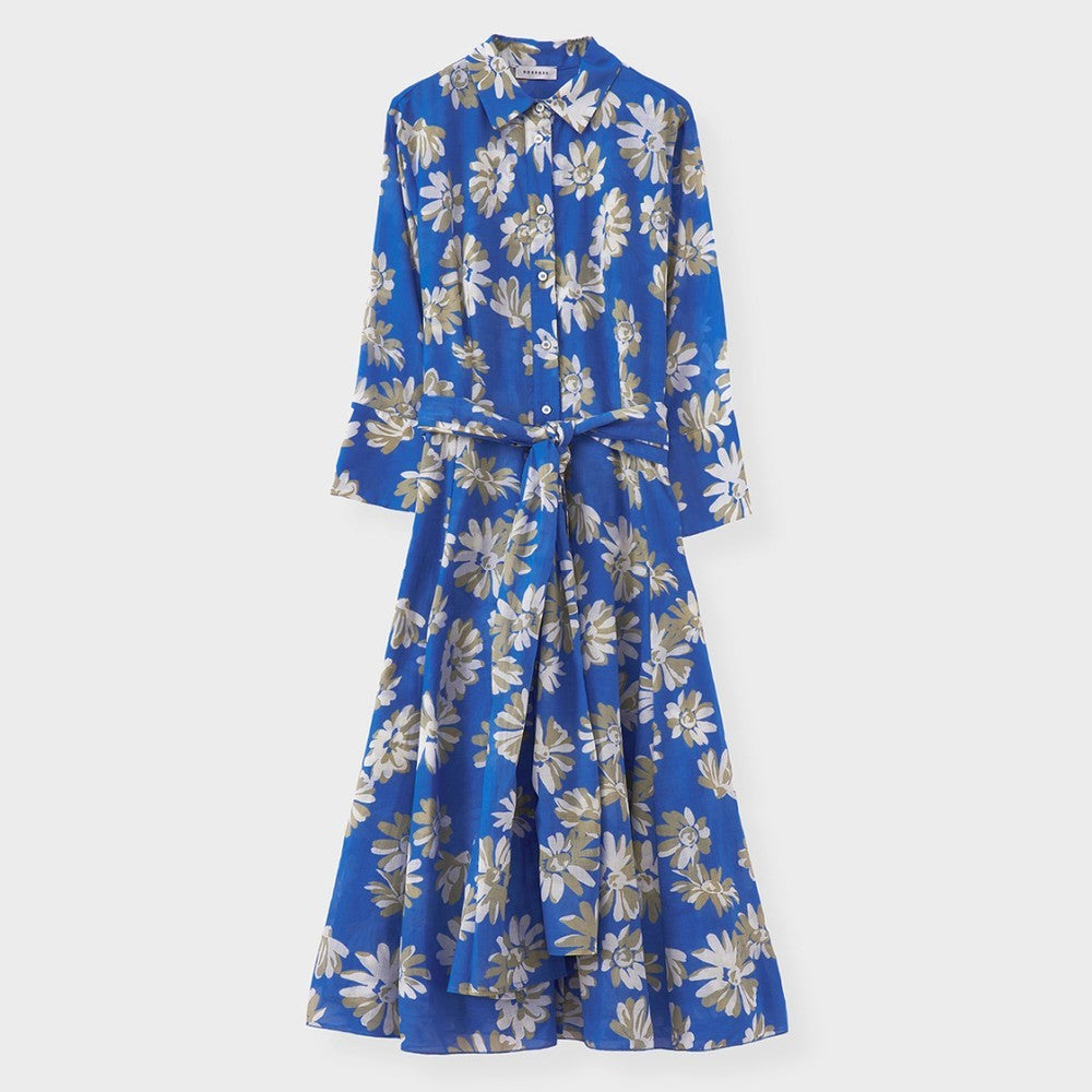 Printed Voile Belted Dress - Bright Blue