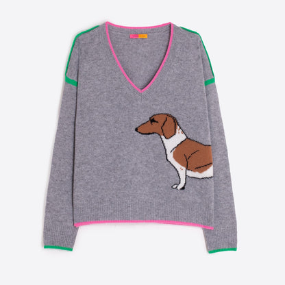 Sausage Dog V Neck Jumper - Grey