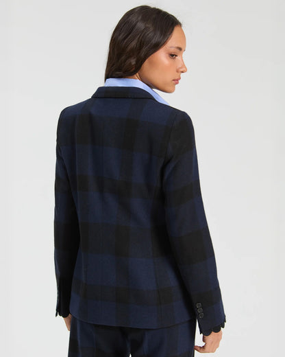 Scalloped Trim Tartan Blazer - Navy/Blk