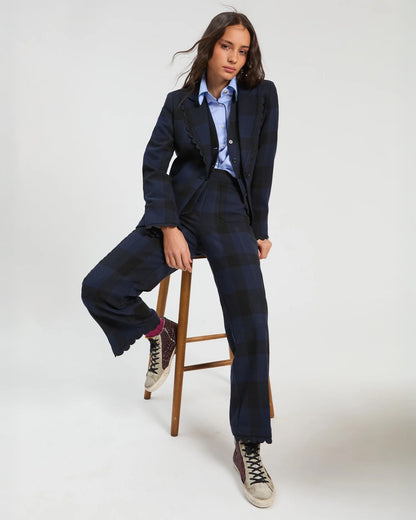 Scalloped Trim Tartan Blazer - Navy/Blk