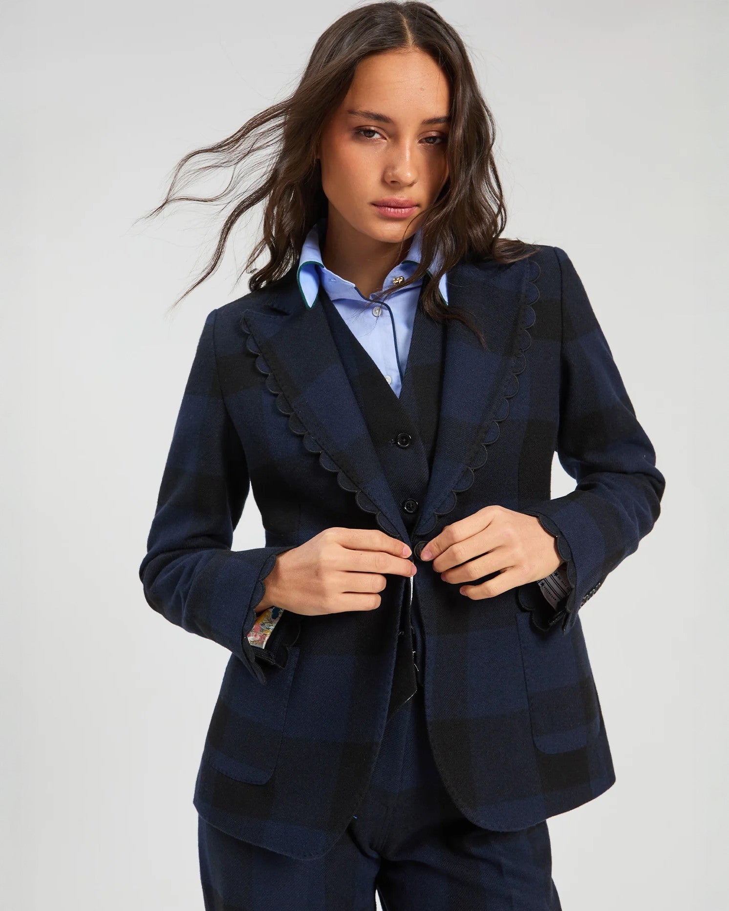 Scalloped Trim Tartan Blazer - Navy/Blk