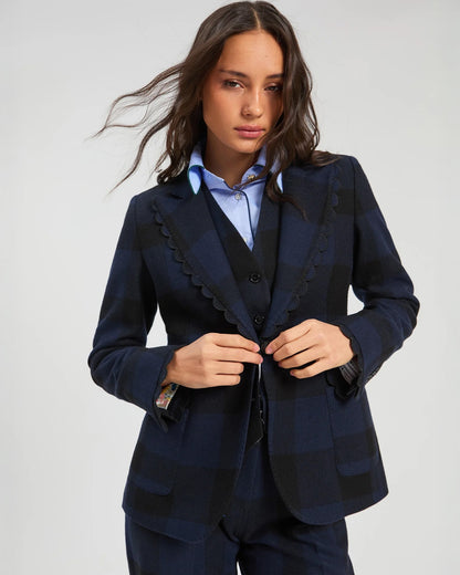 Scalloped Trim Tartan Blazer - Navy/Blk