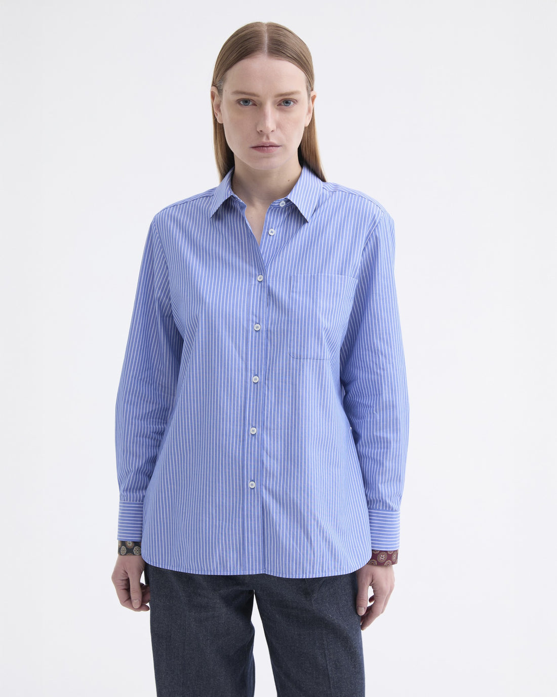 Scarf Collar/Cuff Striped Shirt - Light Blue