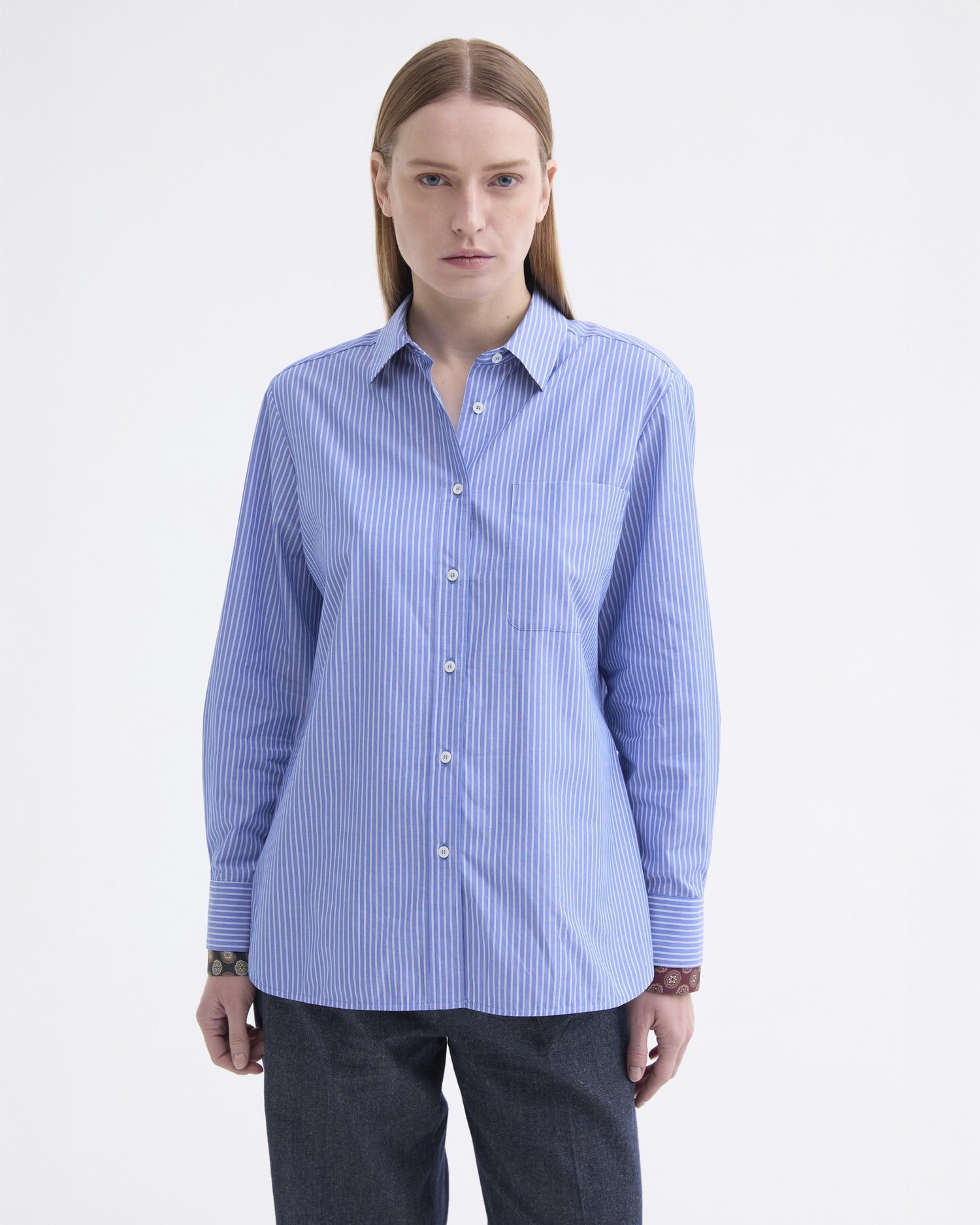 Scarf Collar/Cuff Striped Shirt - Light Blue