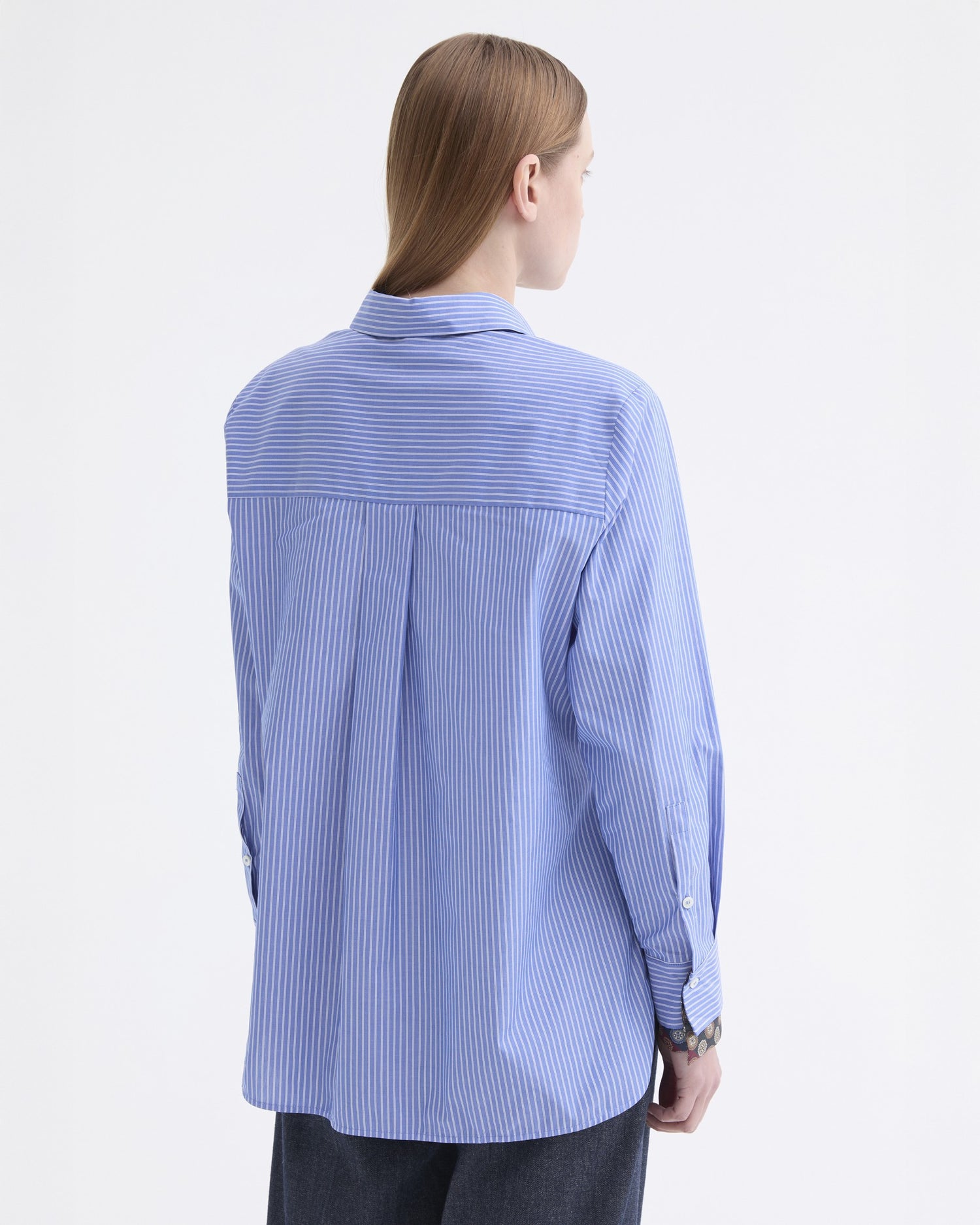Scarf Collar/Cuff Striped Shirt - Light Blue