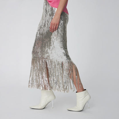 Sequins Fringes Skirt - Silver Fractures