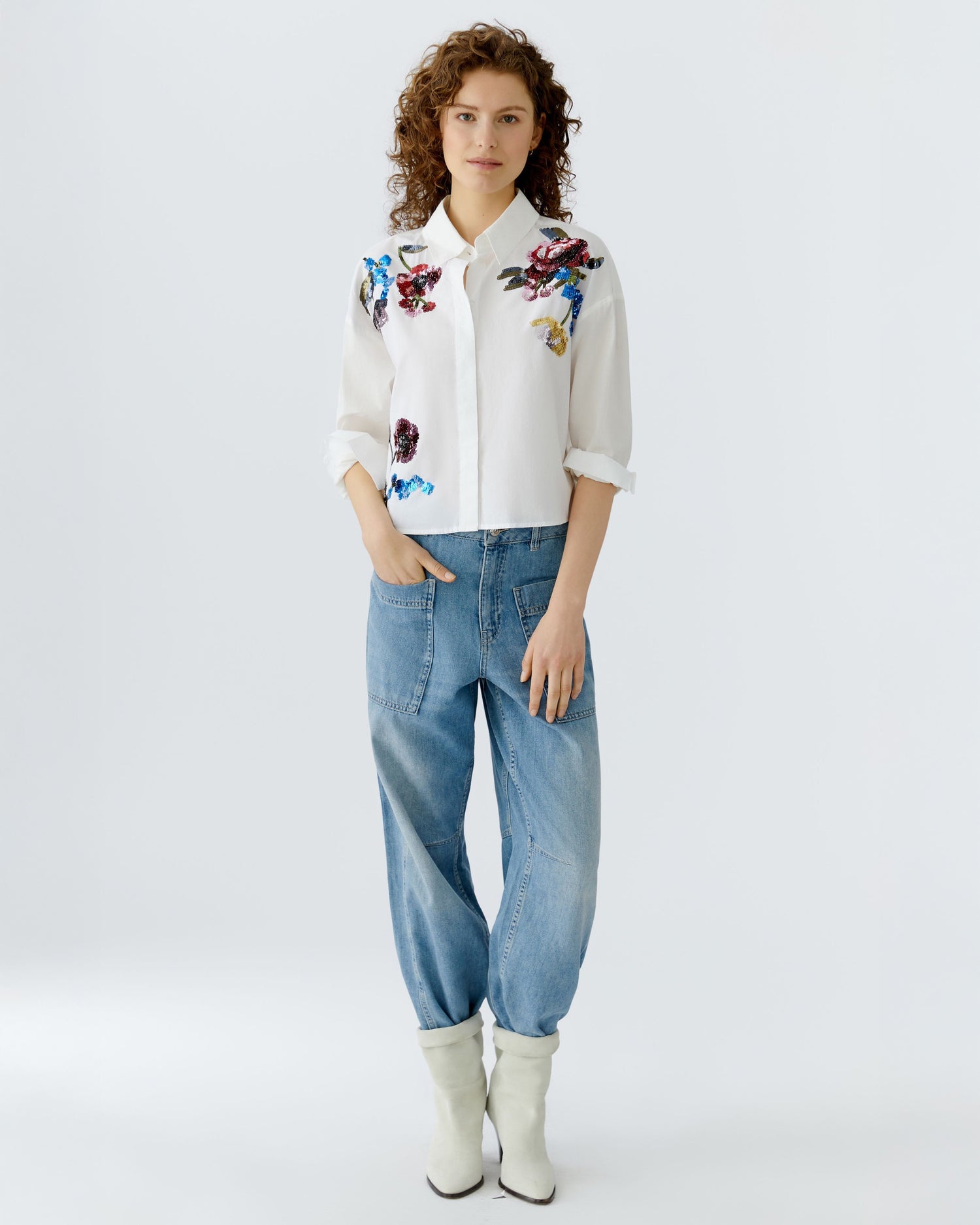 Sequin Floral Blouse - Optic White