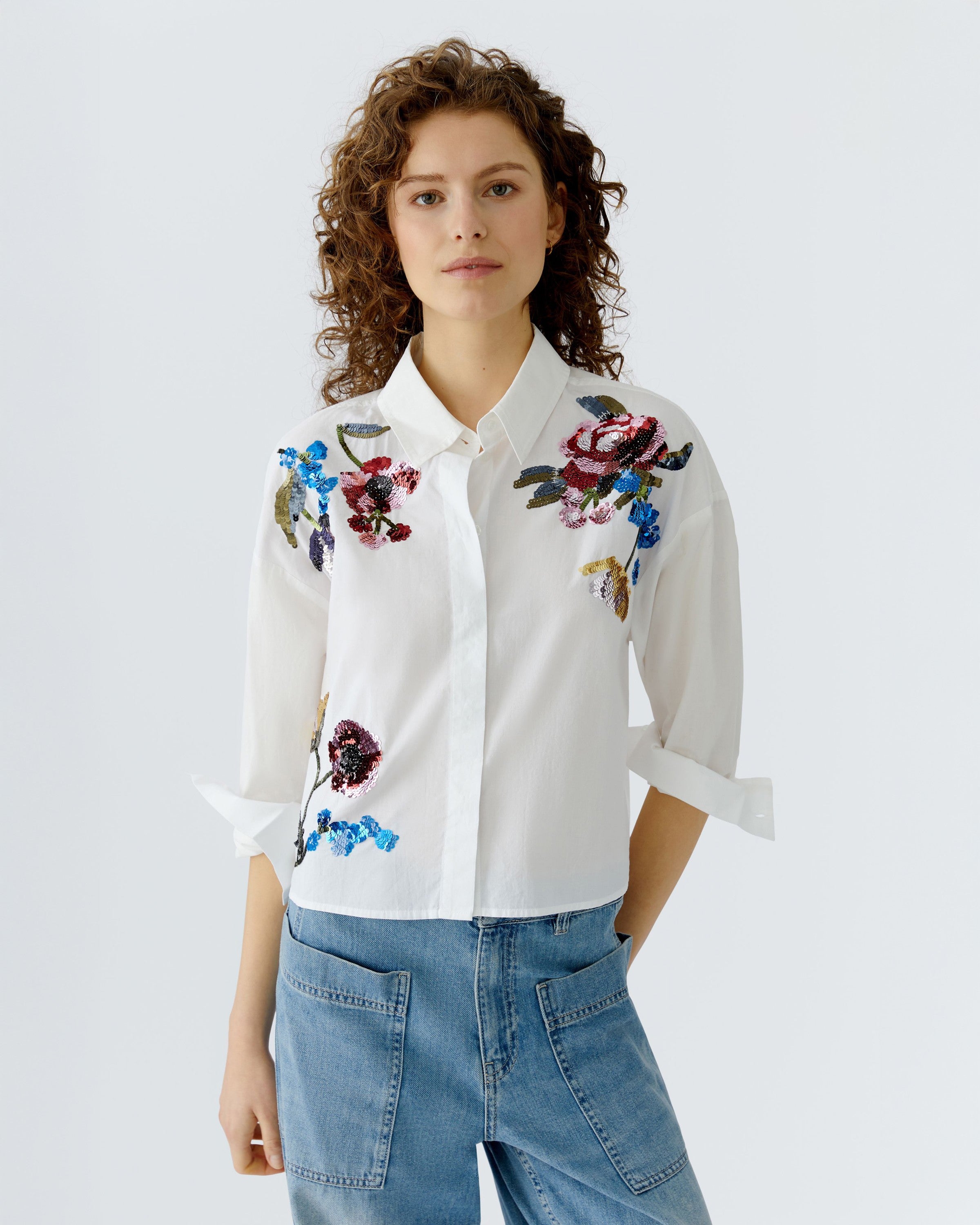 Sequin Floral Blouse - Optic White