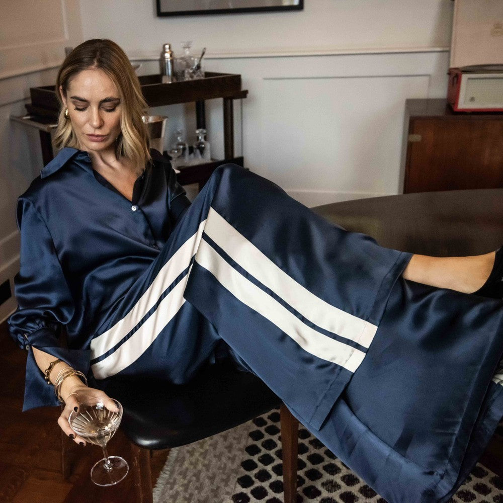 Silk Stripe Trousers - St Barts - Navy With Cream Stripe