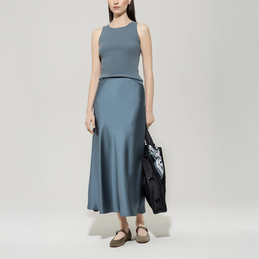 Silk Look Maxi Skirt - Greyish Blue