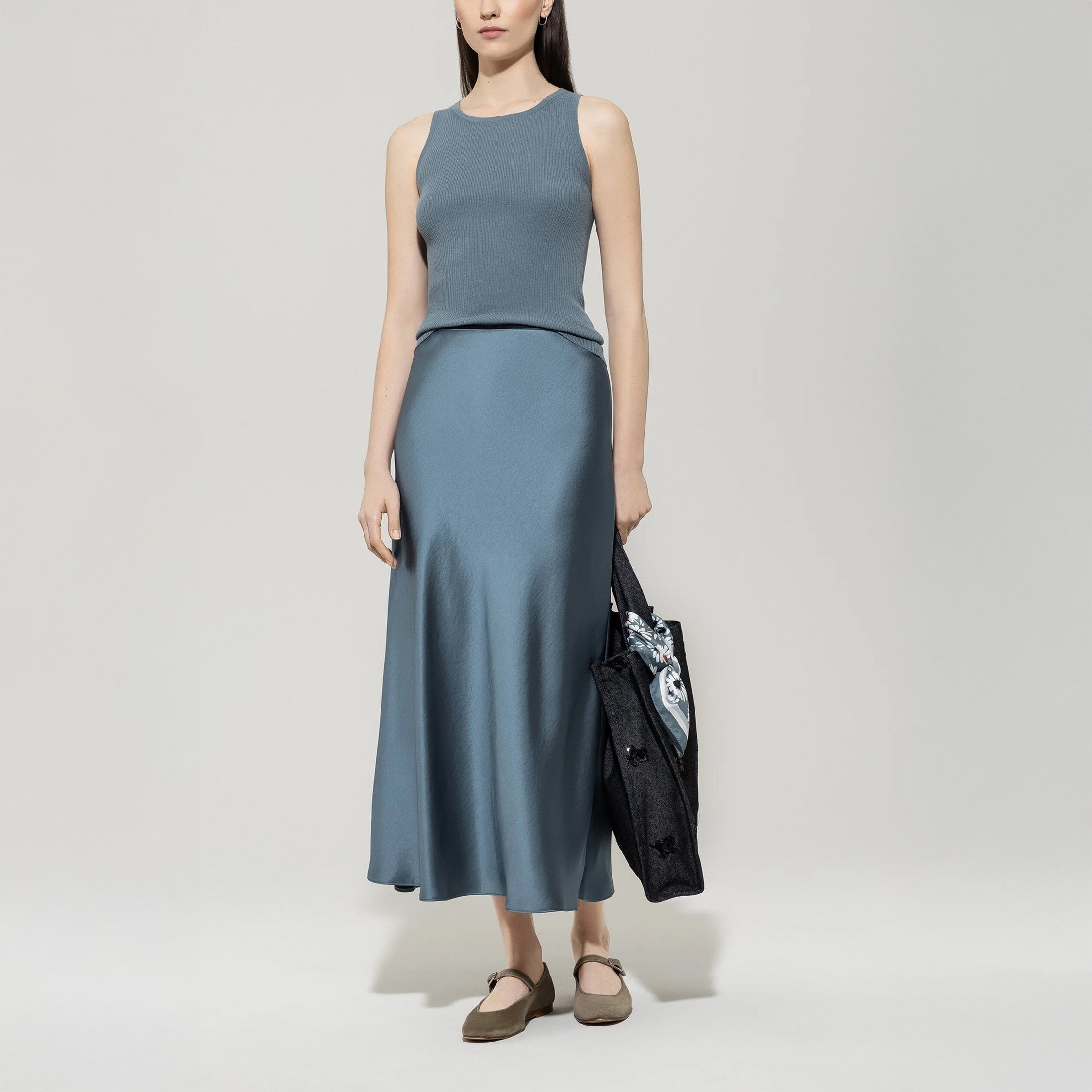 Silk Look Maxi Skirt - Greyish Blue