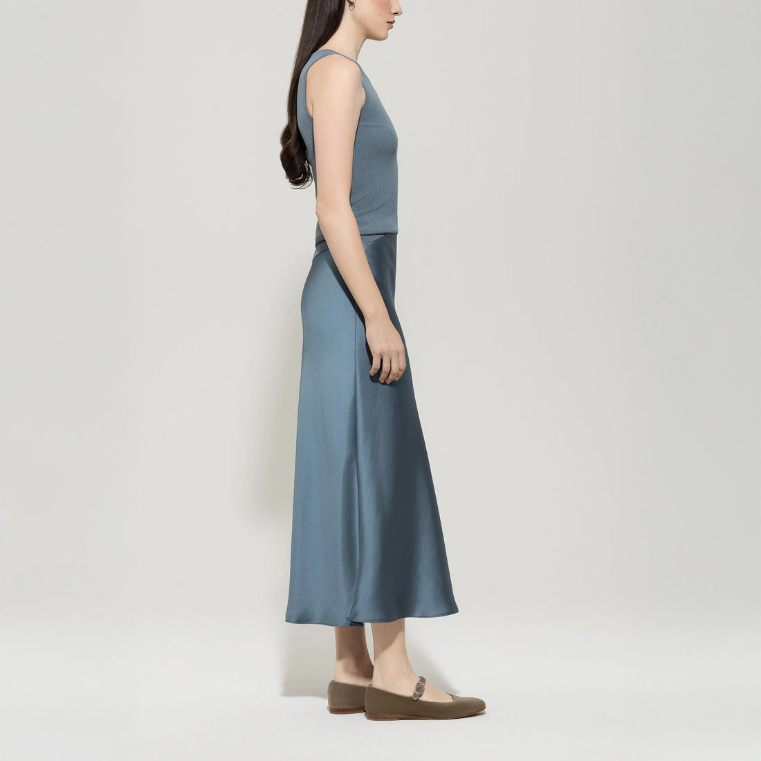 Silk Look Maxi Skirt - Greyish Blue