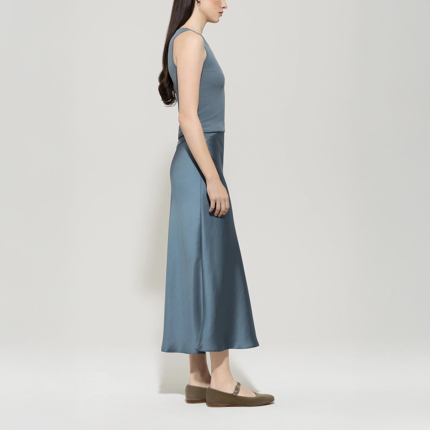 Silk Look Maxi Skirt - Greyish Blue