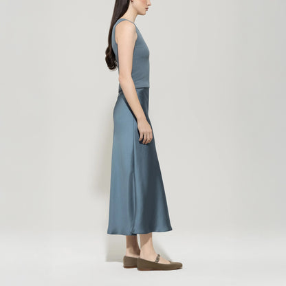 Silk Look Maxi Skirt - Greyish Blue