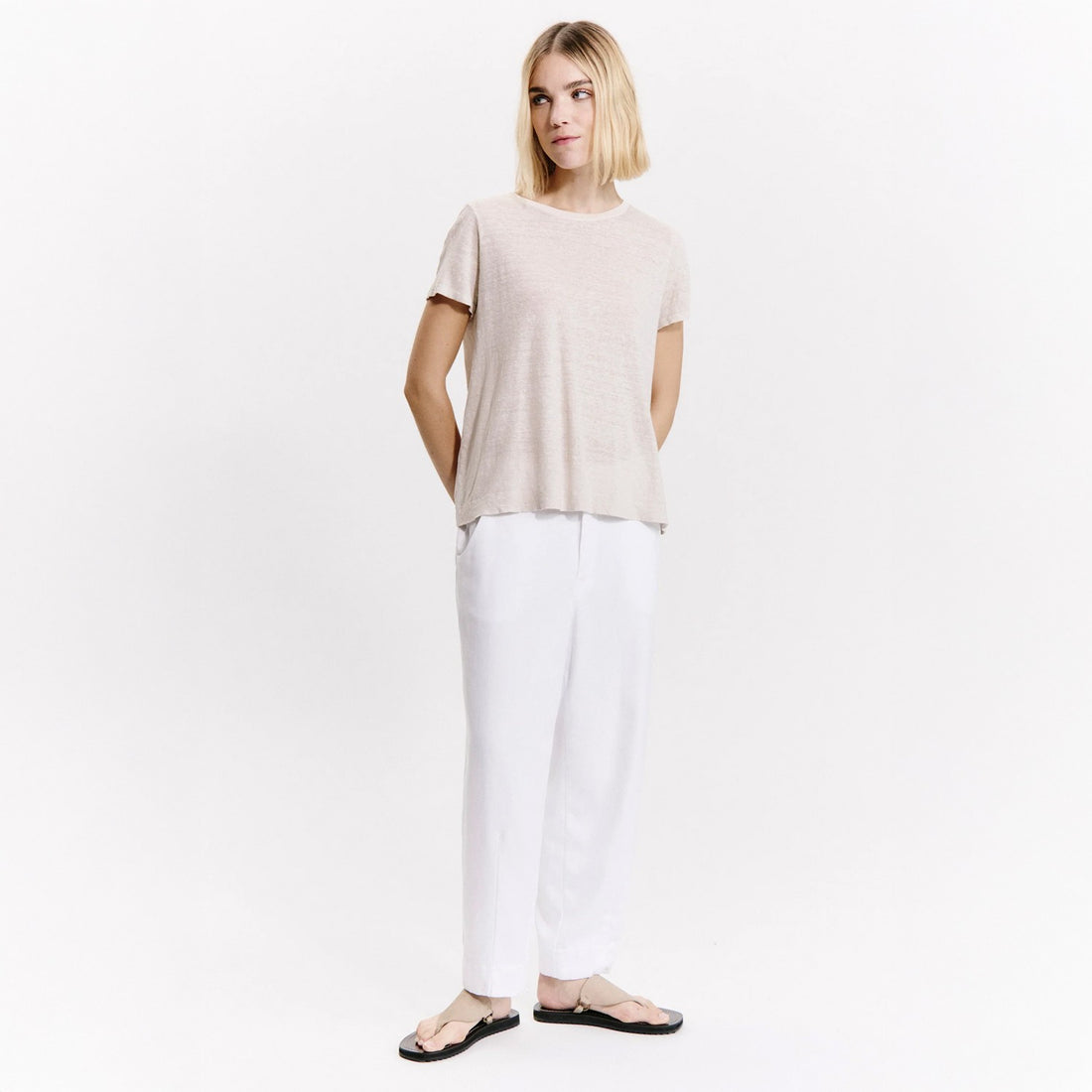 Short Sleeve Rib Round Neck Tee - Sand