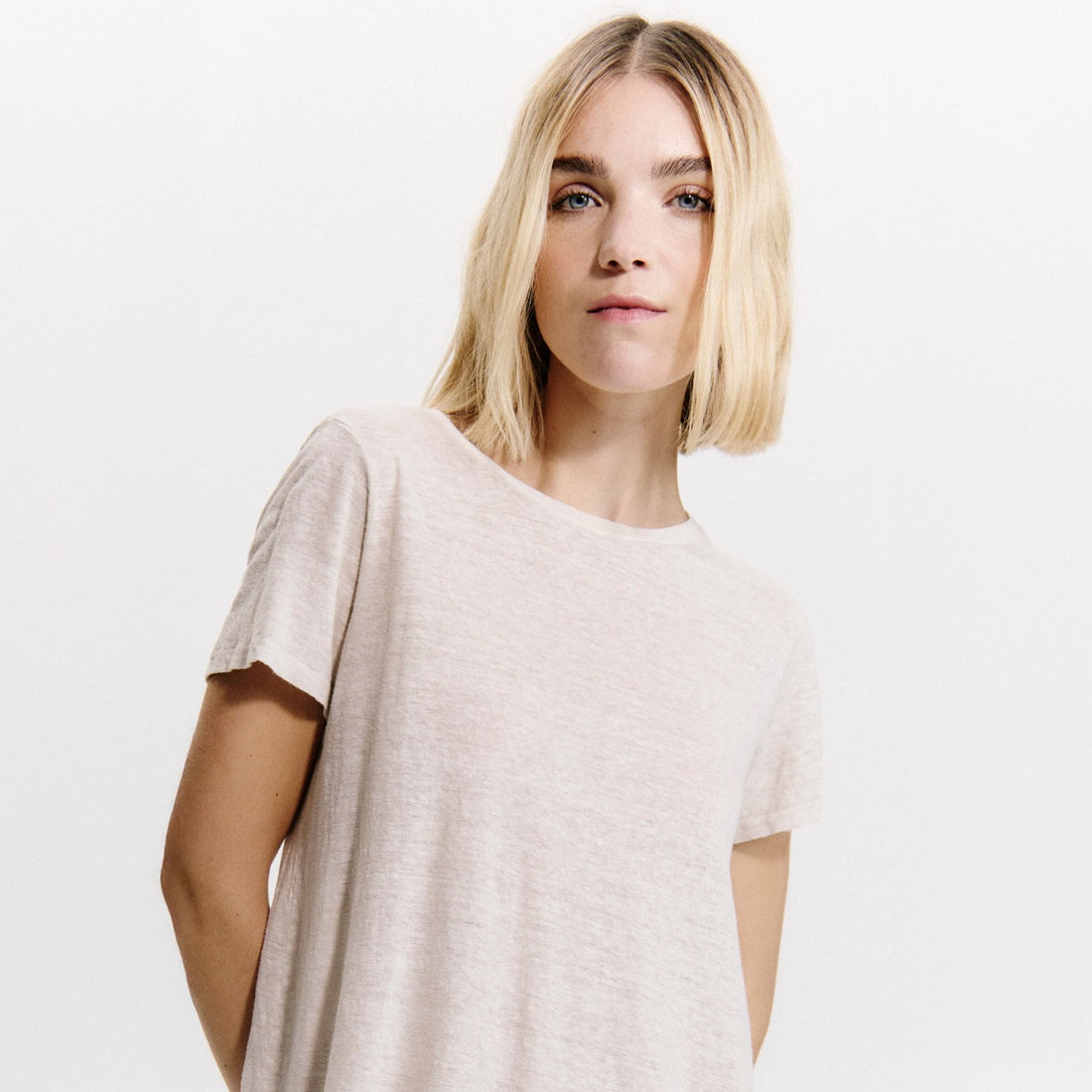 Short Sleeve Rib Round Neck Tee - Sand