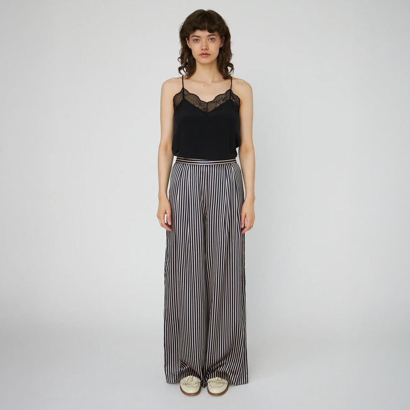 Striped Silk Mid-Waist Pants - Creme Blue Stripes