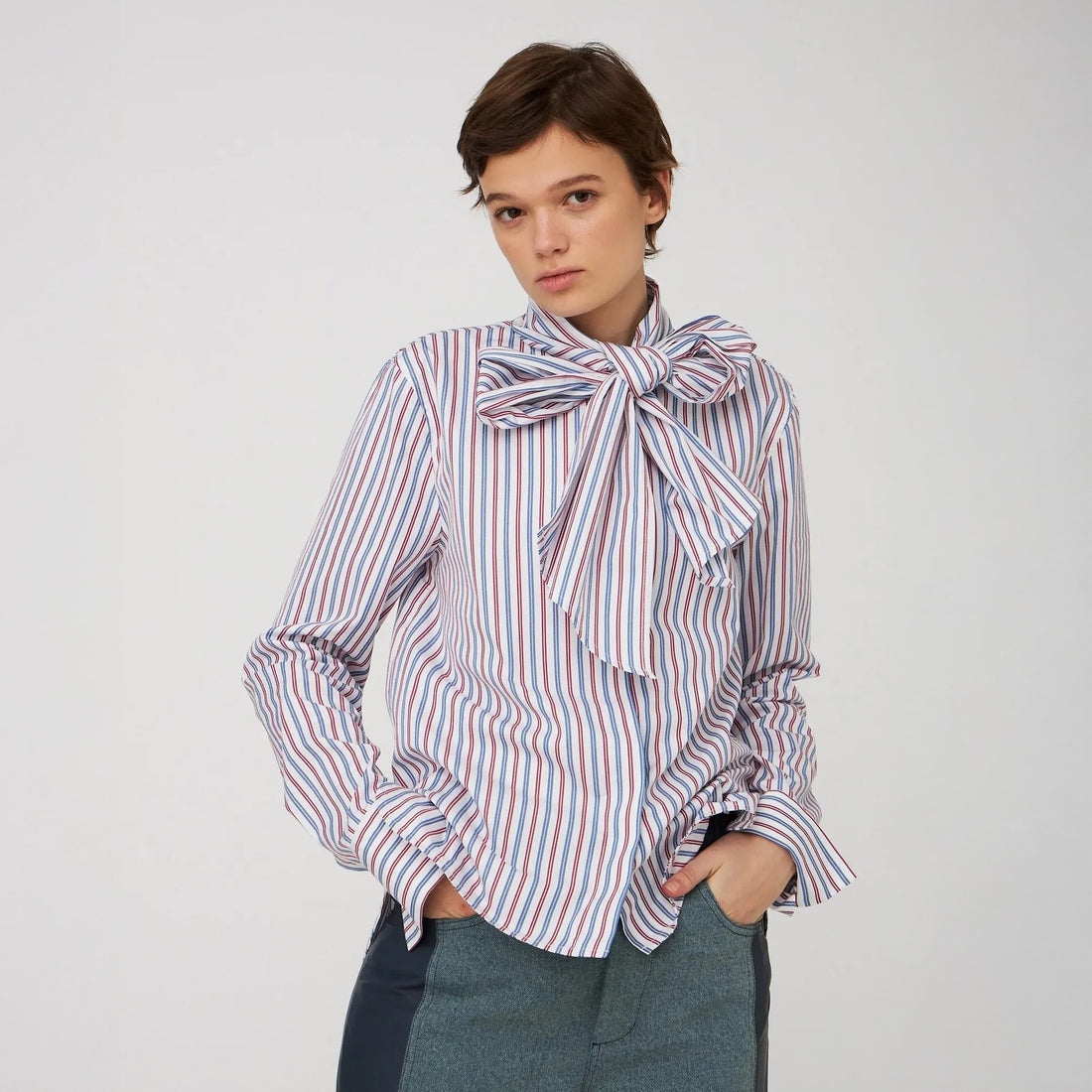 Striped Bow Shirt In Cotton - Red &amp; Blue Stripes