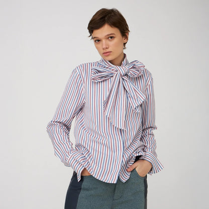 Striped Bow Shirt In Cotton - Red &amp; Blue Stripes