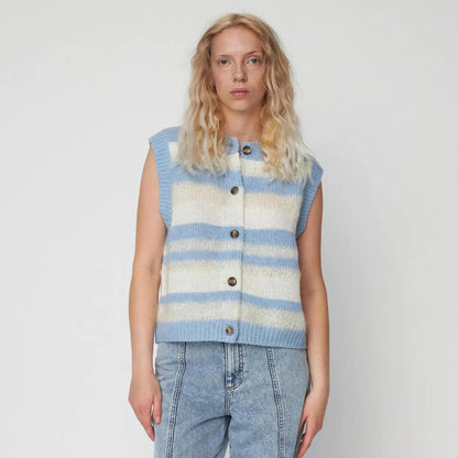 Striped Mohair Cardigan-Vest - Creme Blue Stripes