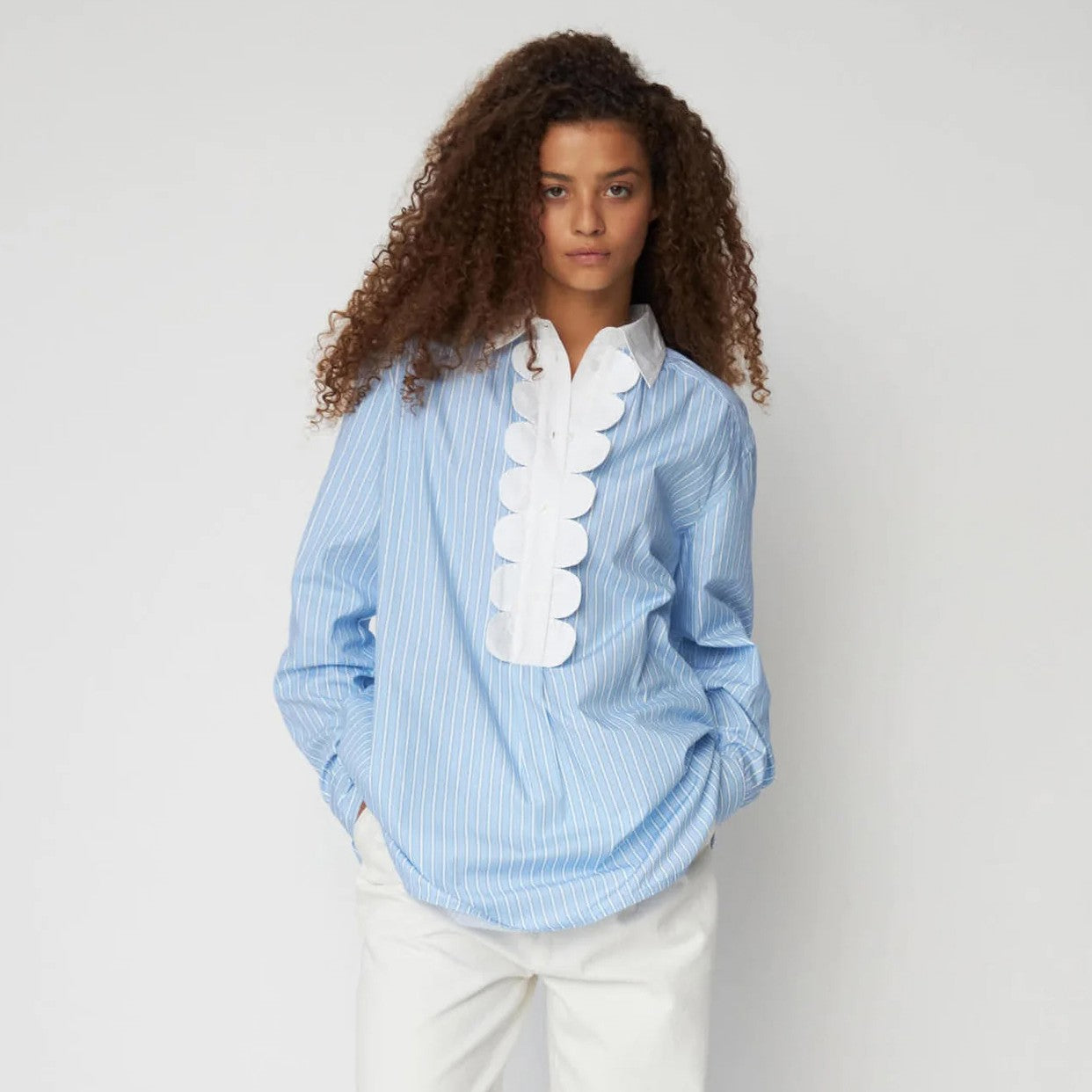 Striped Shirt With Scallops - Creme Blue Stripes