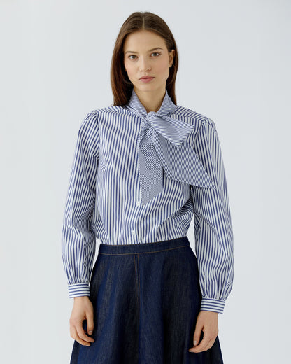 Tie Neck Stripe Shirt - Blue White