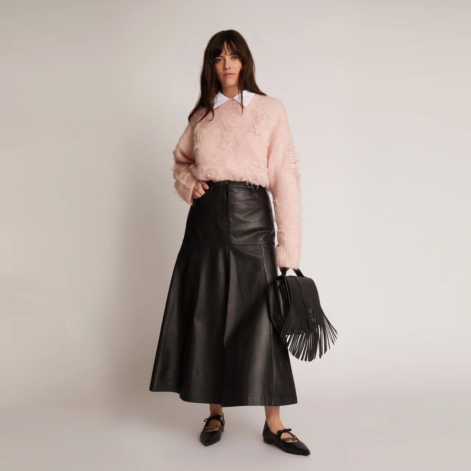 Cavells Munthe Tuxya Leather Pleated Skirt in Black Leather
