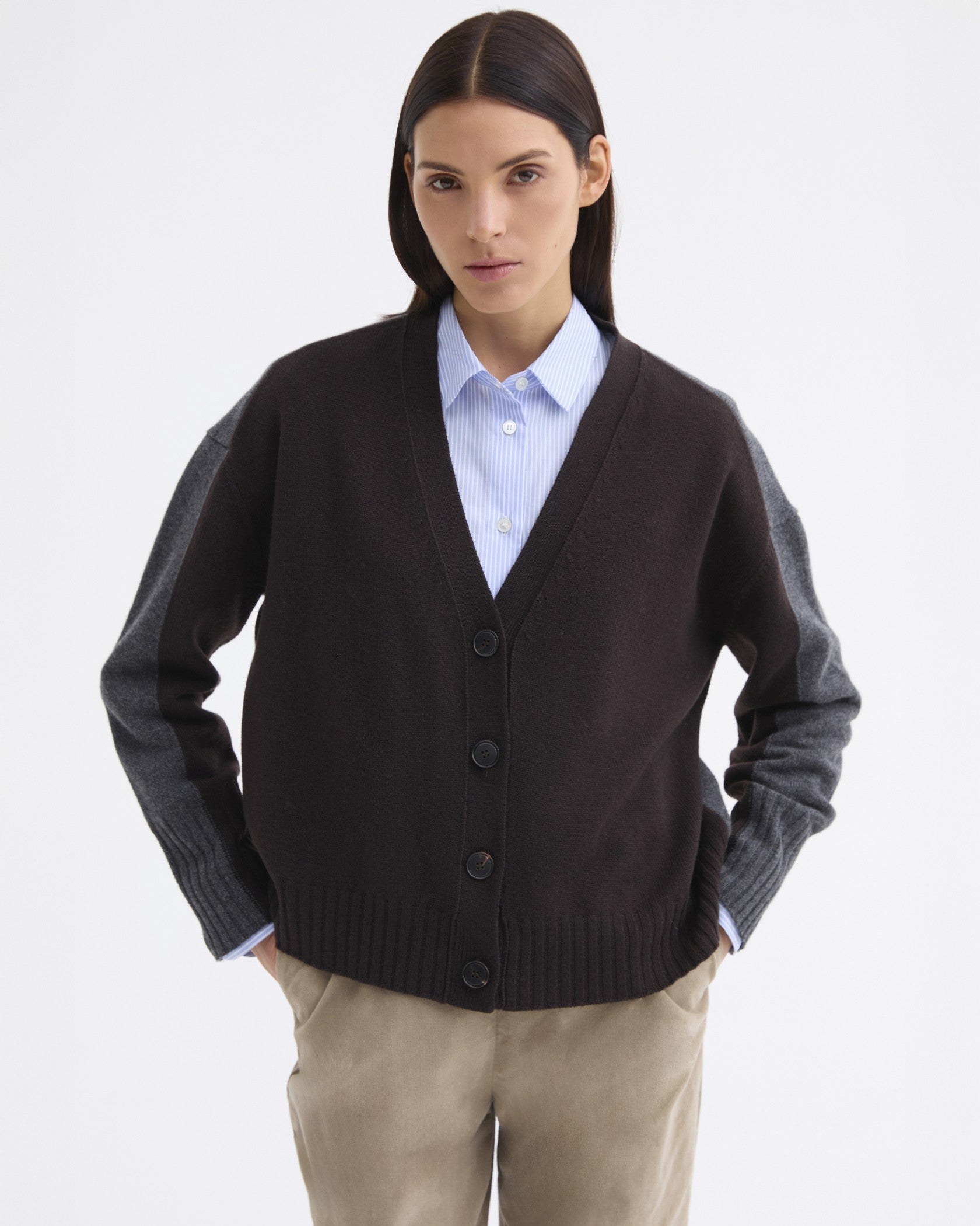 Two Tone Cardigan - Brown / Dark Grey