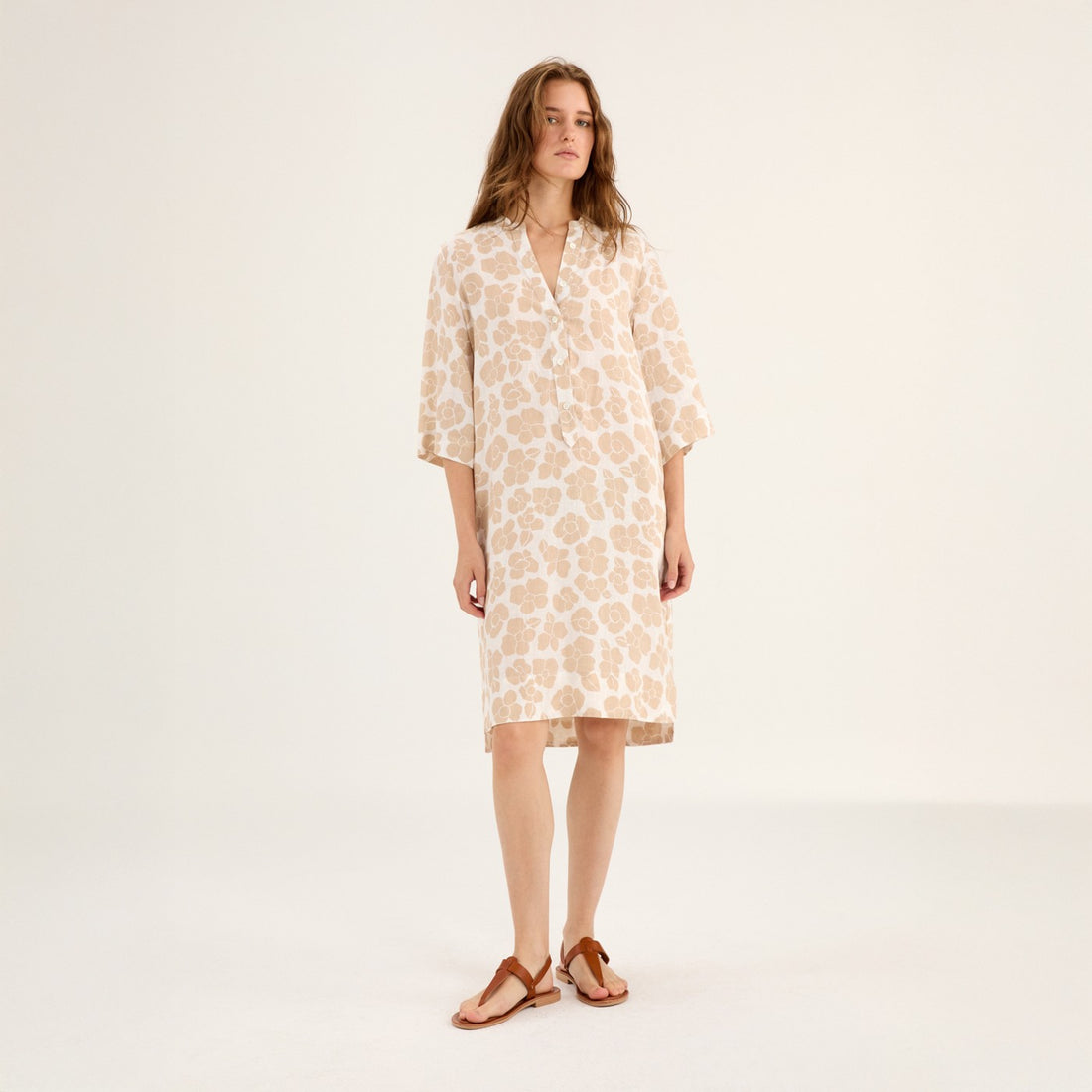 V-Neck Flower Print Midi Dress - Beige