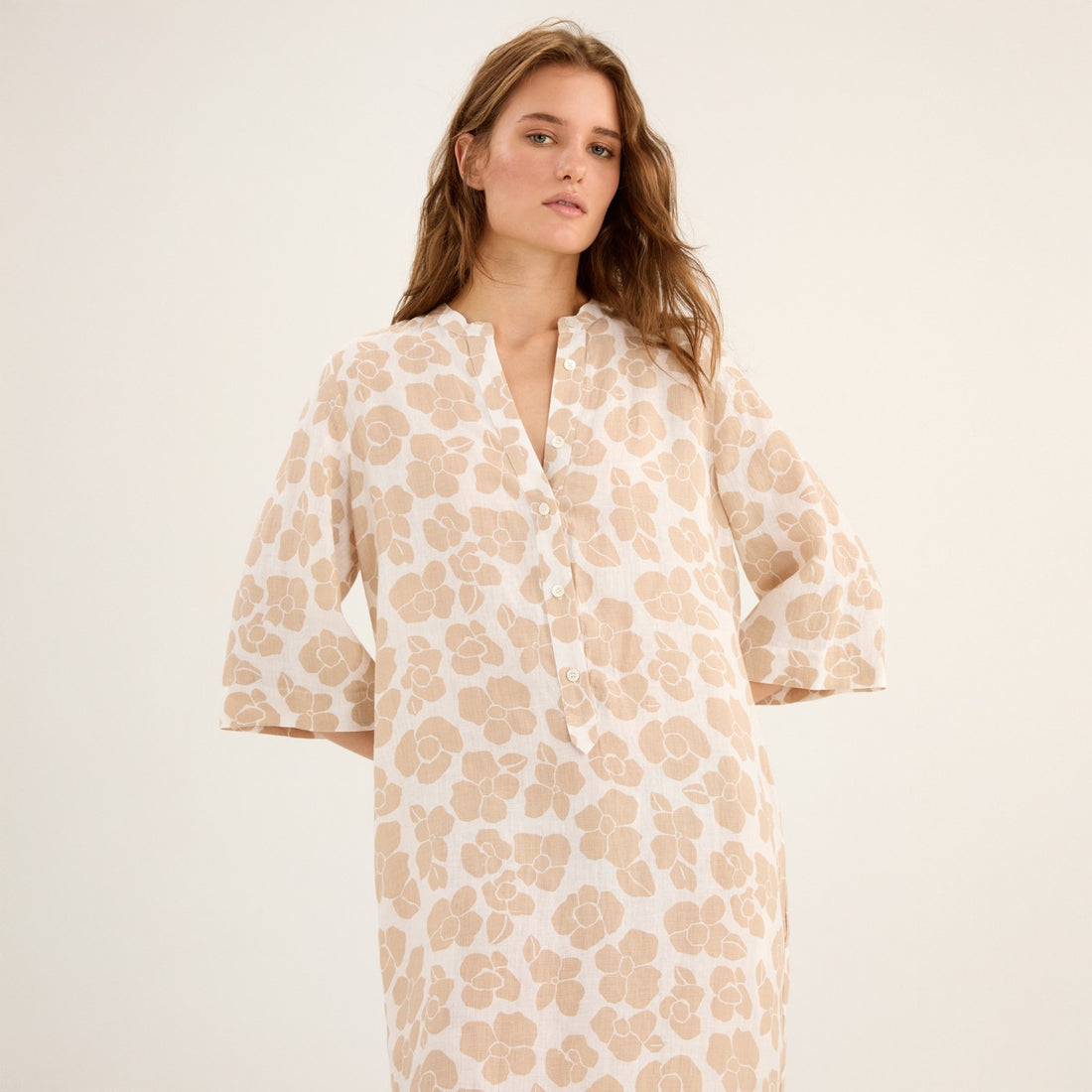 V-Neck Flower Print Midi Dress - Beige