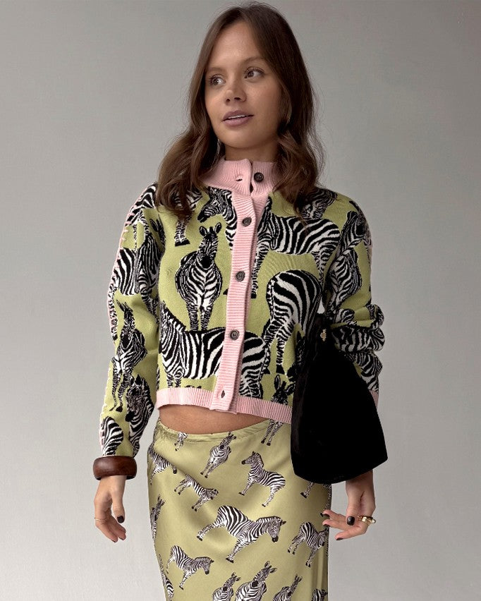 Zizi Cardigan In Khaki Zebra Jacquard - Khaki