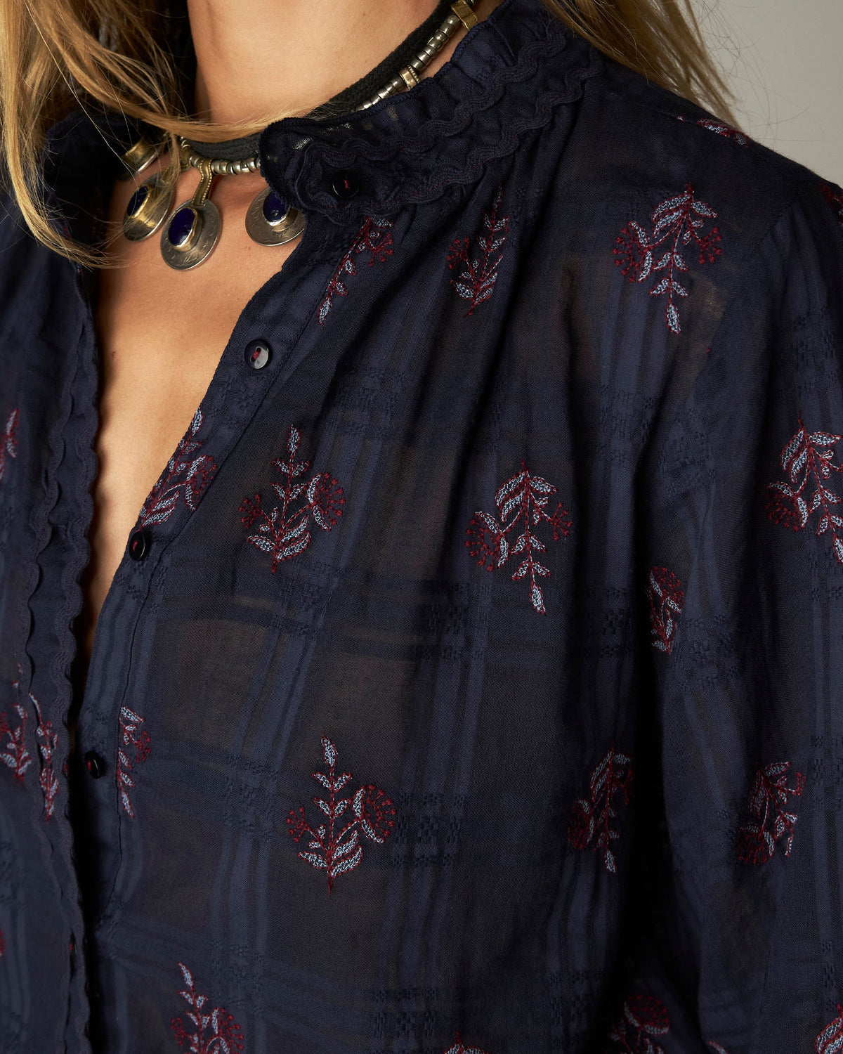 Sabine Embroidered Rick Rac Blouse - Navy