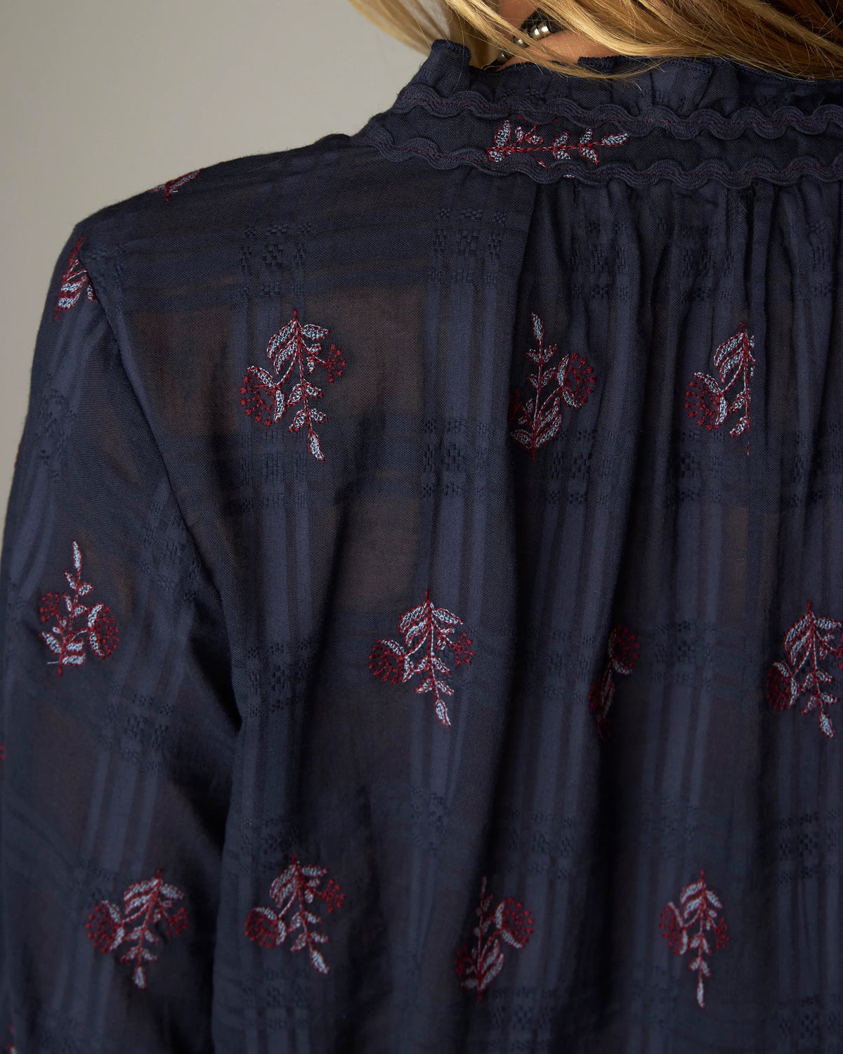 Sabine Embroidered Rick Rac Blouse - Navy