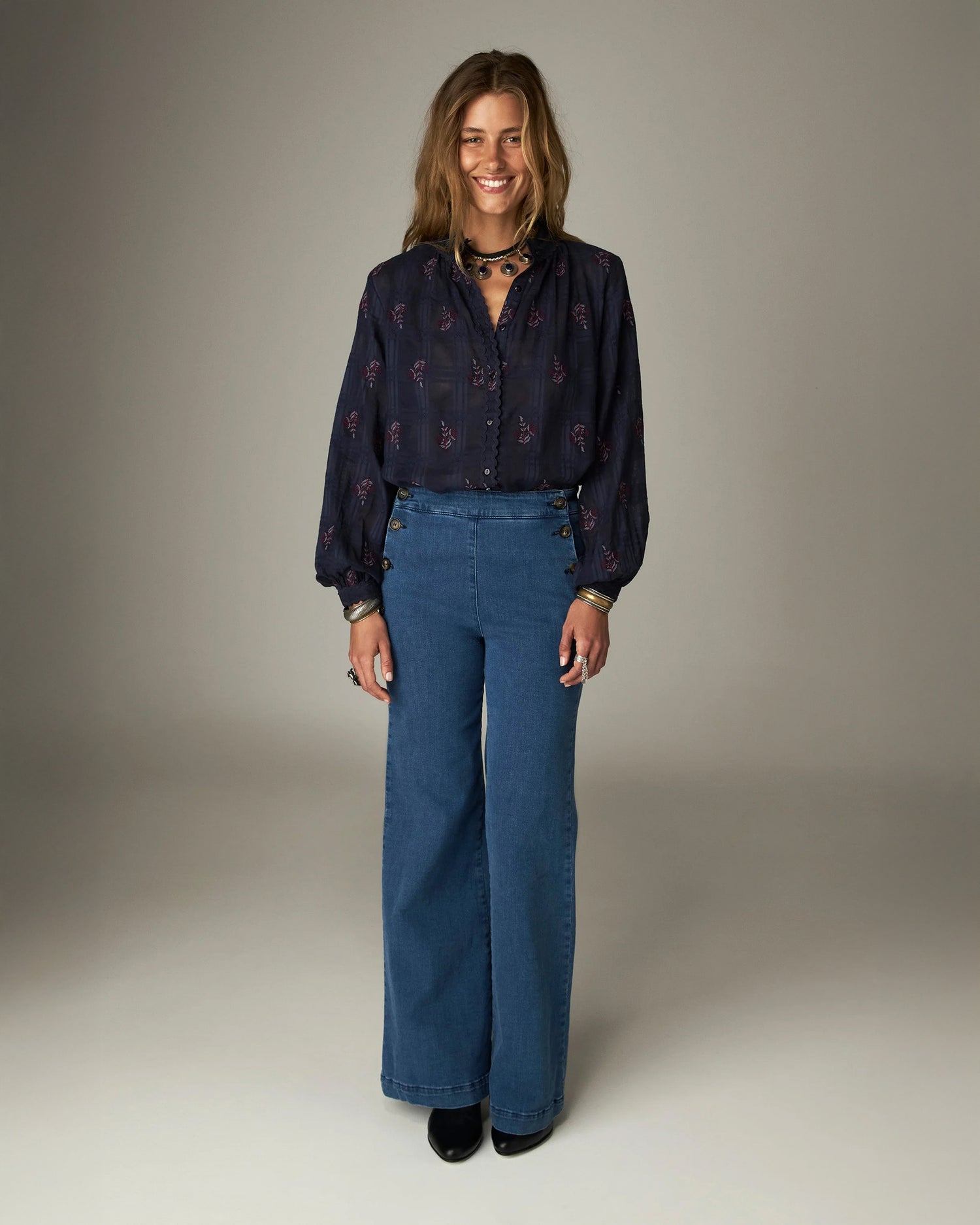 Sabine Embroidered Rick Rac Blouse - Navy