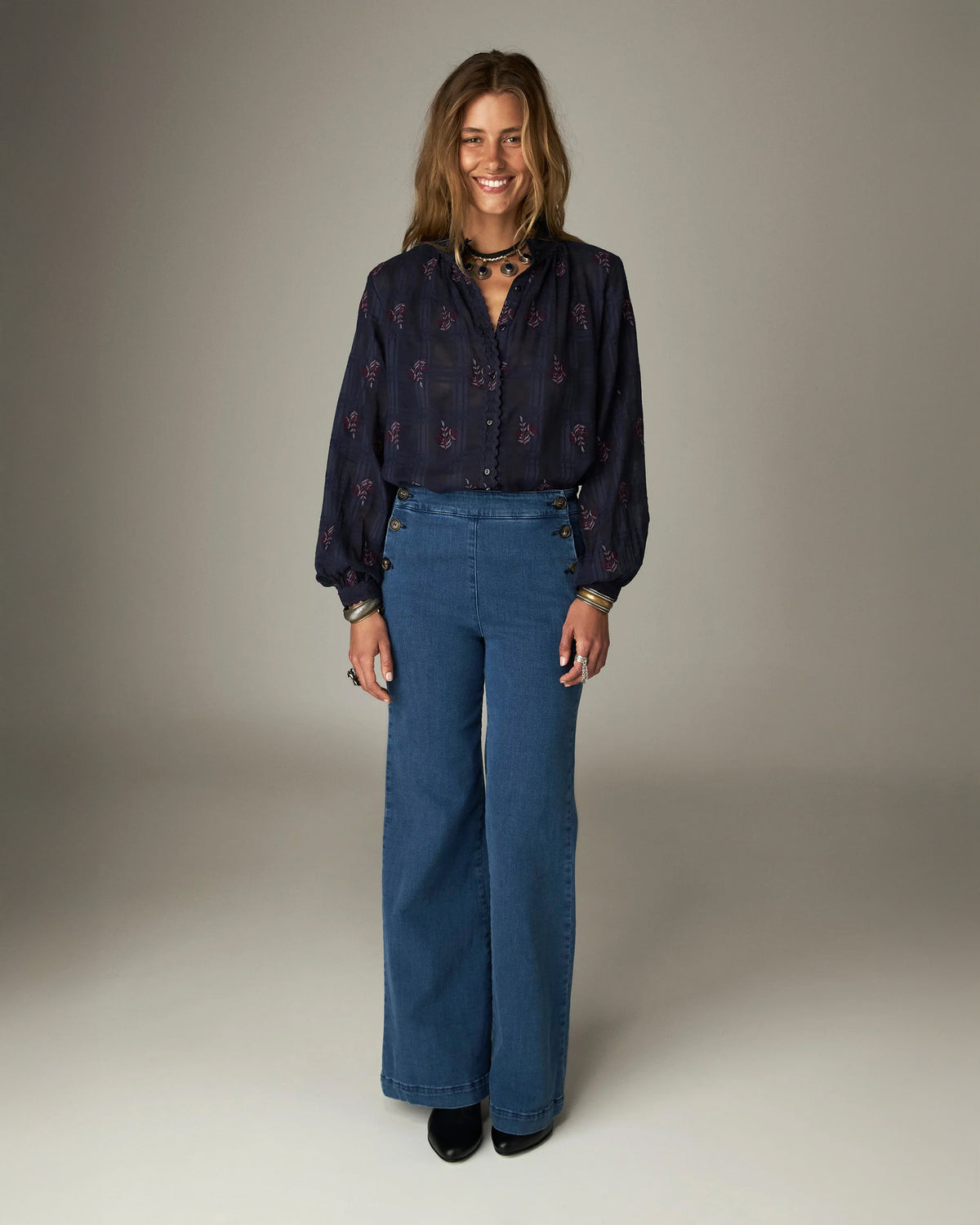 Sabine Embroidered Rick Rac Blouse - Navy
