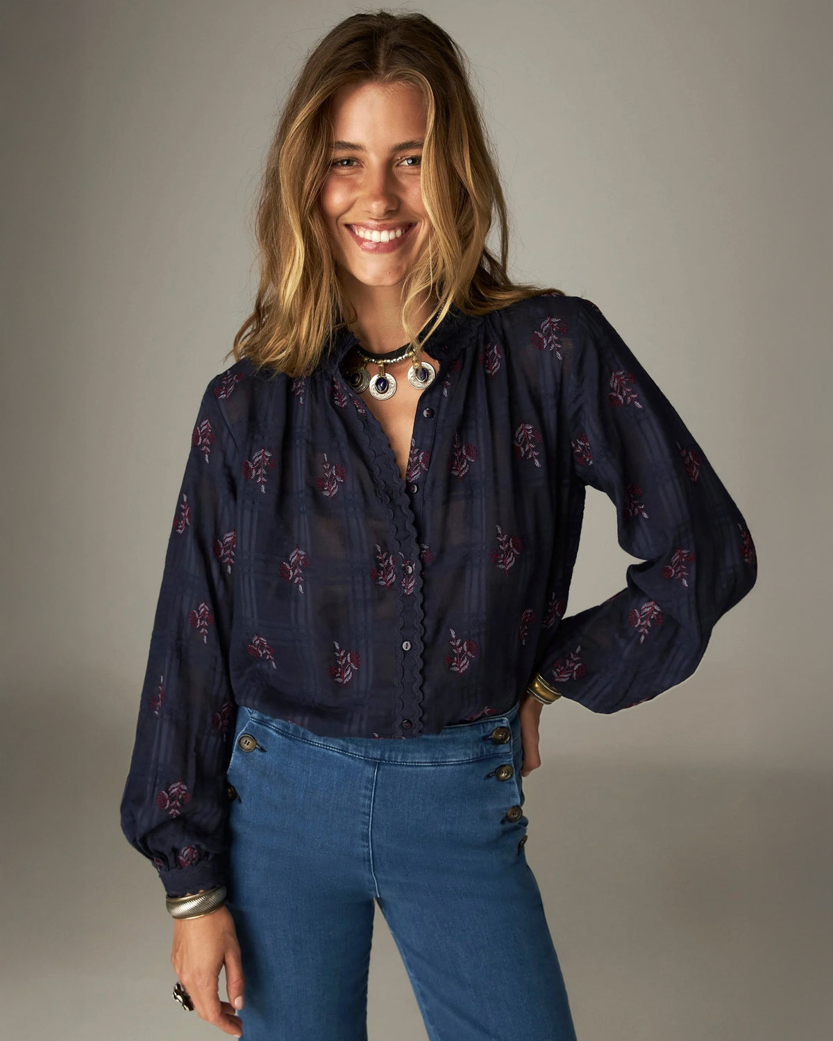 Sabine Embroidered Rick Rac Blouse - Navy