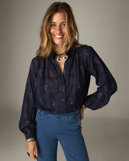 Sabine Embroidered Rick Rac Blouse - Navy