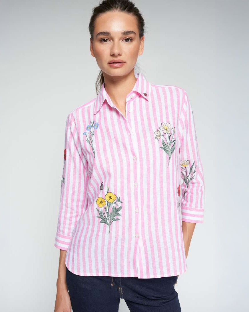 Sara Stripe Floral Emb Shirt - Pink Stripe