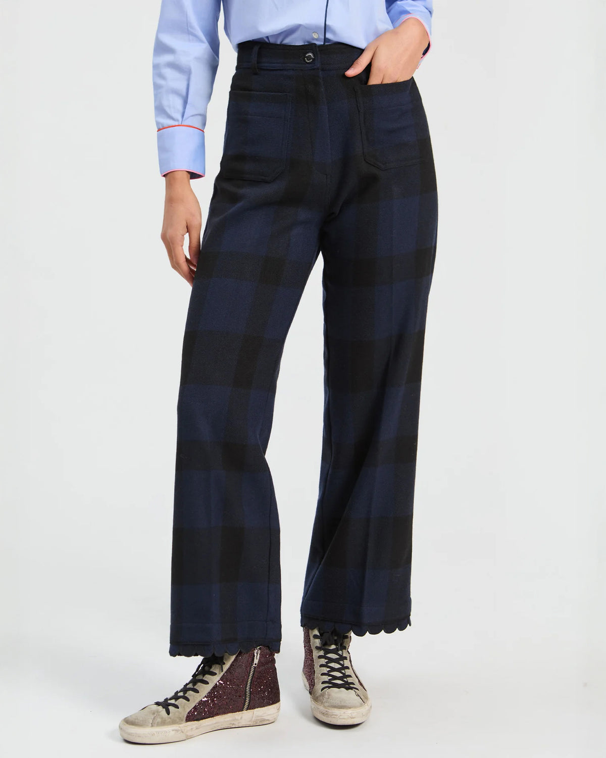 Scalloped Trim Tartan Trouser - Navy/Black