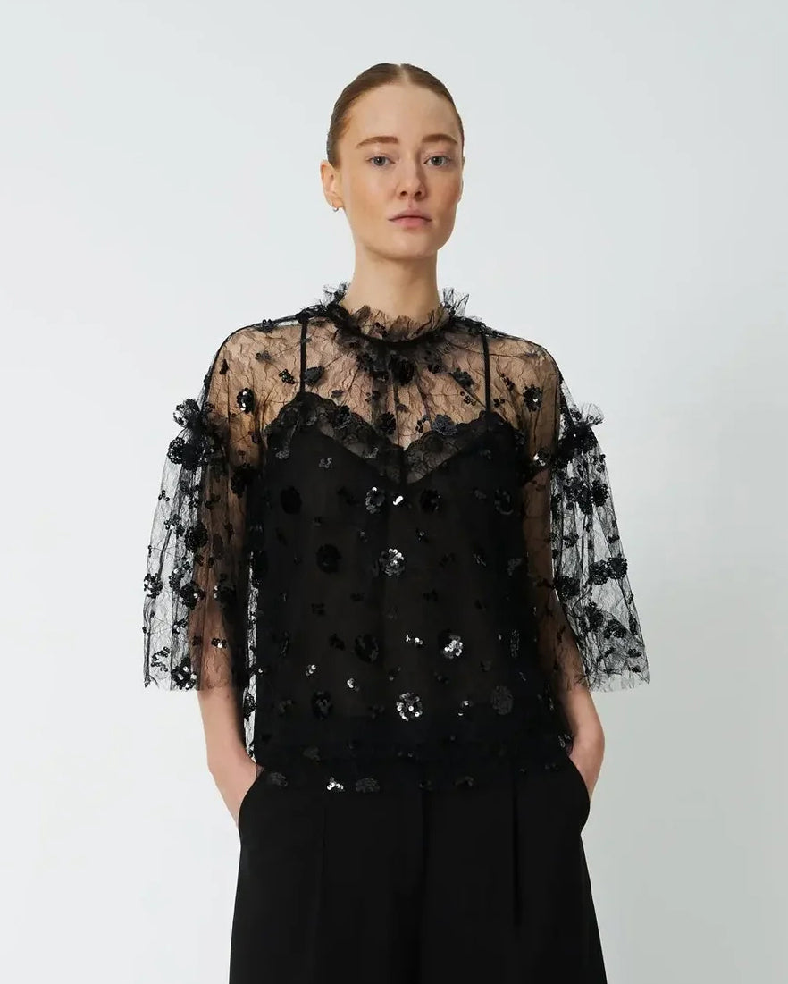 Sequins Mesh Blouse - Black