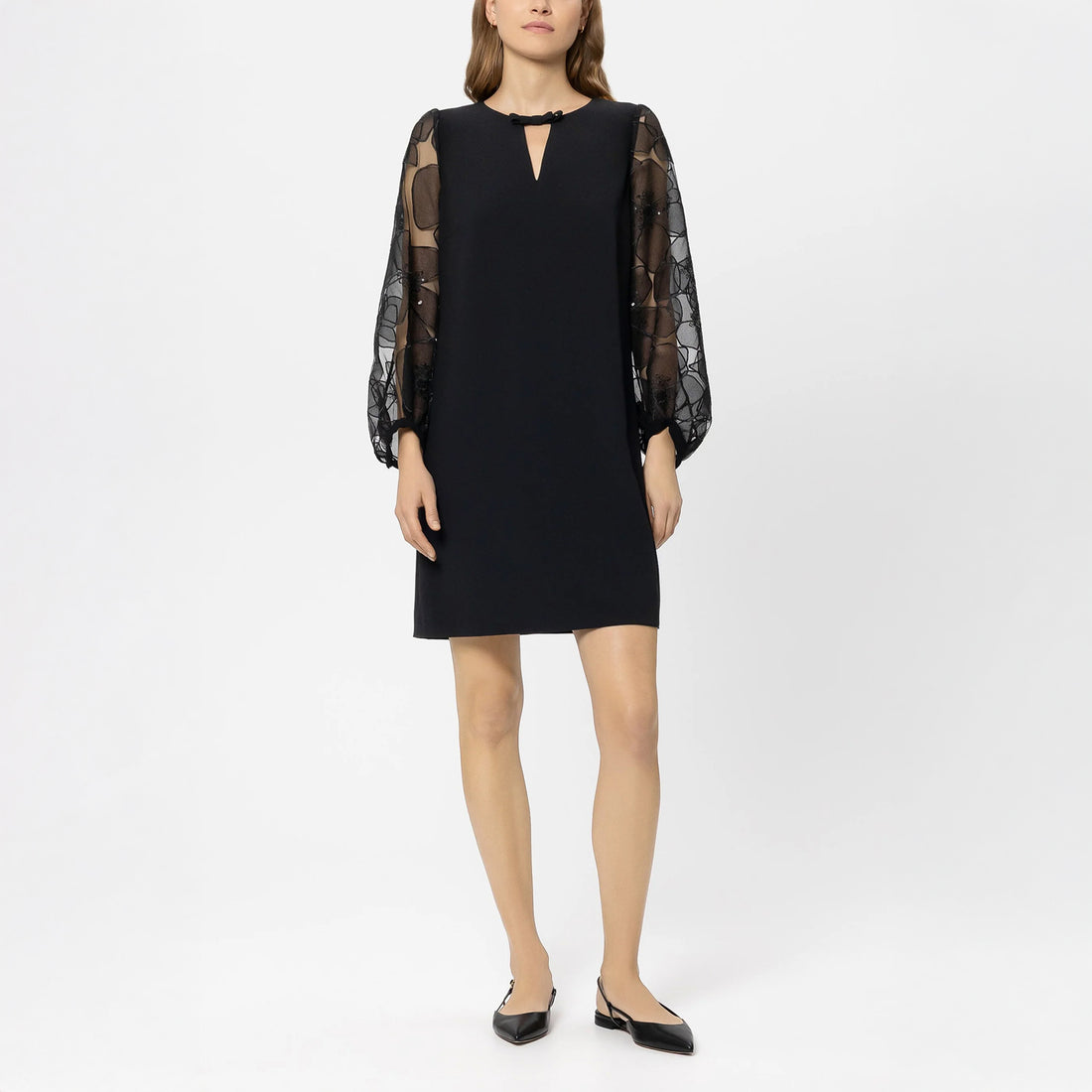 Sheer Floral Sleeve Dress - Black