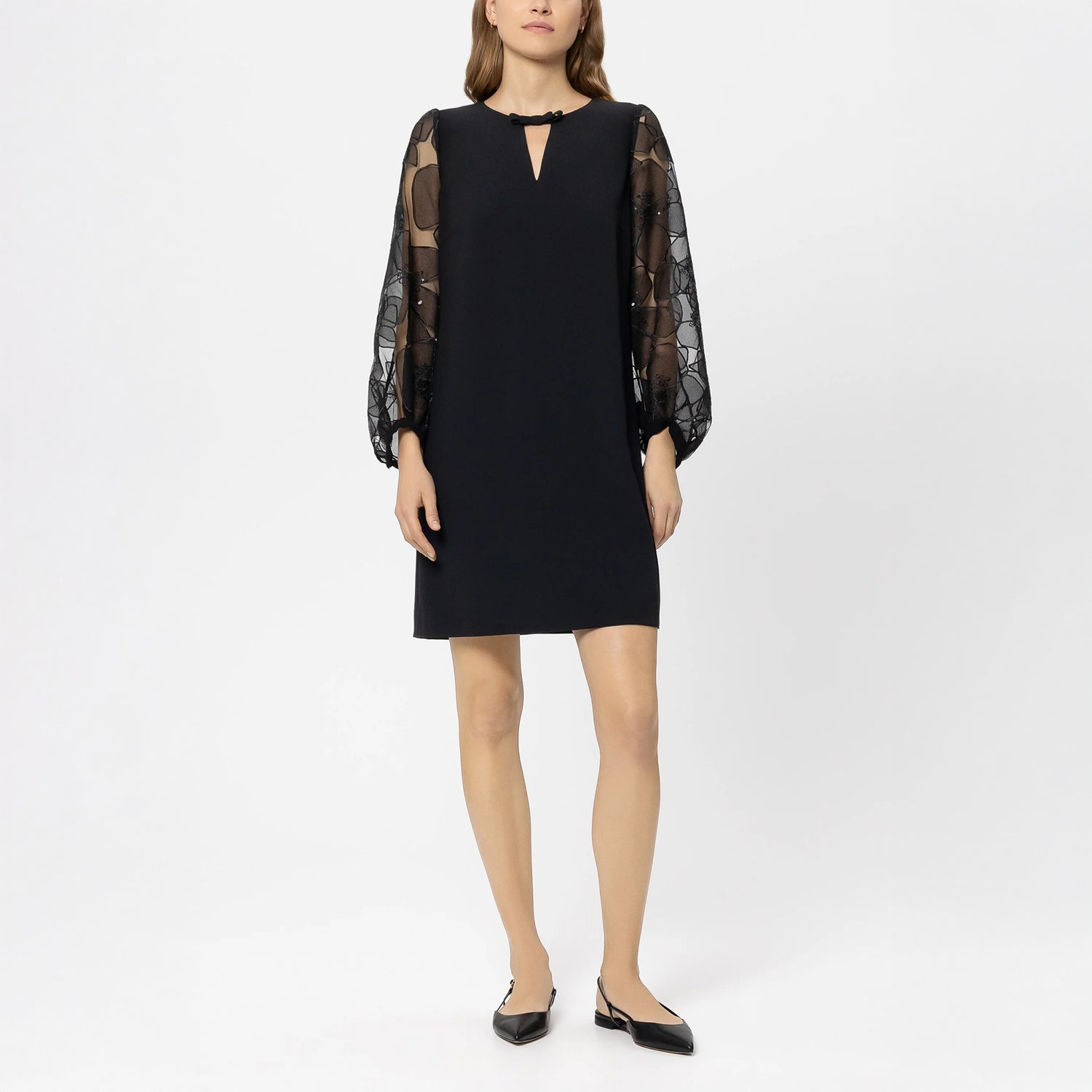 Sheer Floral Sleeve Dress - Black