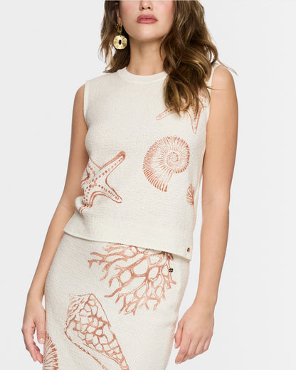 Shell Print Knitted Sleeveless Top - Ivory