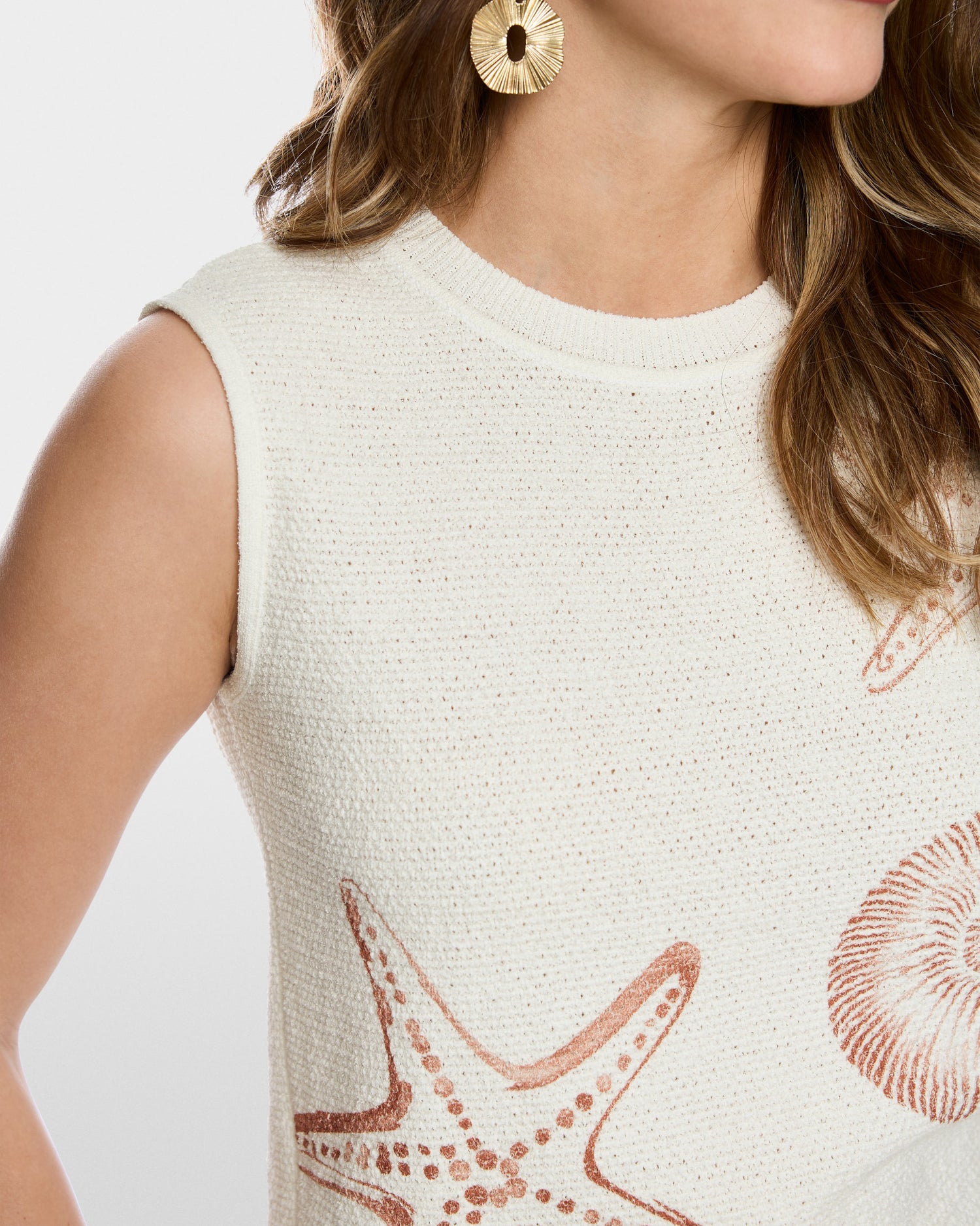 Shell Print Knitted Sleeveless Top - Ivory